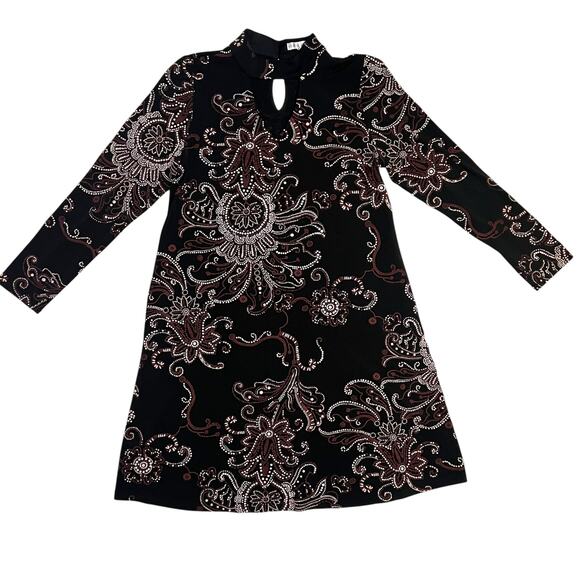 Sandra Darren Long Sleeve Shift Floral Dress Size 10 High Neck Black White Plum - Picture 1 of 11